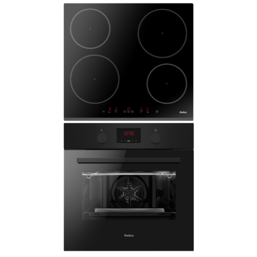 Czarna kuchnia z płytą indukcyjną z czterema polami grzewczymi i piekarnikiem z wyświetlaczem cyfrowym pokazującym godzinę 10:30. Na płycie widoczne są przyciski dotykowe i logo Amica.