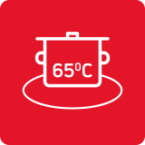 Czerwony kwadrat z białą ikoną garnka na płycie grzewczej i napisem \'65°C\'.