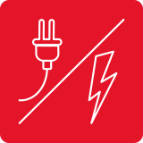 Czerwony kwadrat z białym symbolem wtyczki elektrycznej po lewej stronie i błyskawicy po prawej stronie.