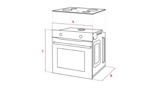 Schematyczny rysunek kuchni z oznaczeniami wymiarów A, B i C. Widoczna jest płyta grzewcza z czterema palnikami oraz piekarnik z uchwytem na drzwiach.