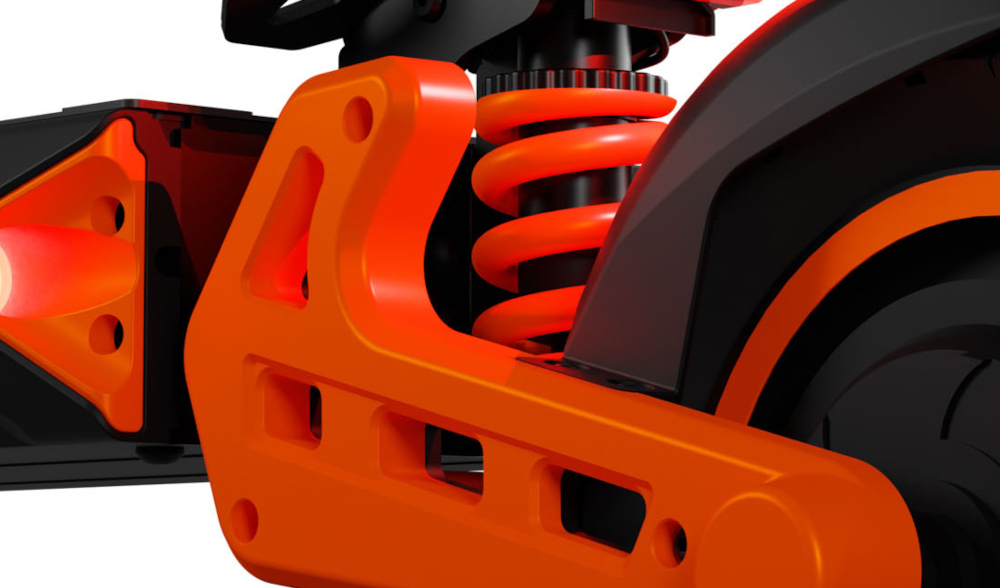 Hulajnoga elektryczna KAMIKAZE K1 Lite Lite 60km 800W Amortyzacja 10 cali Podświetlany podest Czarny zbliżenie na amortyzację sprężynowe zawieszenie wytrzymałość i skuteczność amortyzacja bardzo dobrze tłumi drgania i wstrząsy poprawia wygodę zwiększa stabilność i bezpieczeństwo