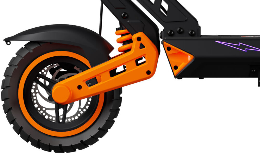 Hulajnoga elektryczna KAMIKAZE K1 Lite Lite 60km 800W Amortyzacja 10 cali Podświetlany podest Czarny zbliżenie na przednie koło 10-calowe opony bezdętkowe lepsza przyczepność i stabilność na różnych nawierzchniach konstrukcja bezdętkowa minimalizuje ryzyko przebicia gruby bieżnik