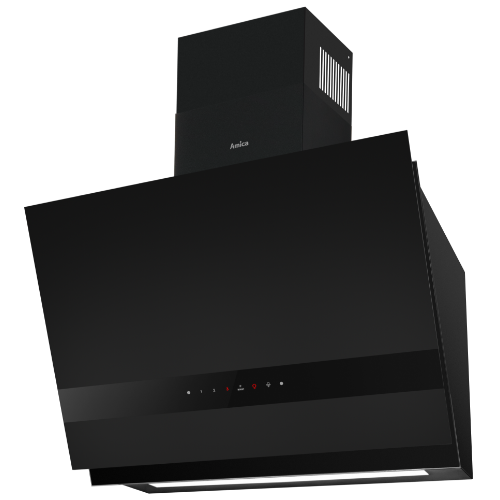 Czarny okap kuchenny z panelem dotykowym i widocznym logo Amica. Urządzenie ma nowoczesny design z prostymi liniami.