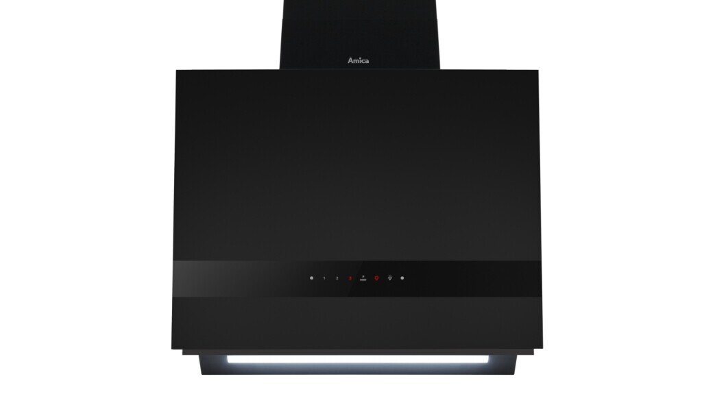 Czarny okap kuchenny z logo \'Amica\' na górze, posiadający panel dotykowy z kilkoma ikonami i wskaźnikami. Na dole widoczna jest wbudowana listwa świetlna.