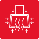 Ikona przedstawia okap kuchenny z zaznaczonymi strzałkami wskazującymi przepływ powietrza. Tło jest czerwone.