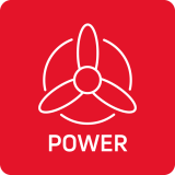Czerwony kwadrat z białym symbolem trójramiennego wirnika i napisem \'POWER\'.
