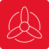 Czerwone tło z białym symbolem wentylatora składającym się z trzech łopatek otoczonych okręgiem.