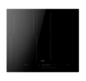 Czarna płyta indukcyjna z widocznym logo Amica i panel sterowania z przyciskami dotykowymi oraz oznaczeniami poziomów mocy.