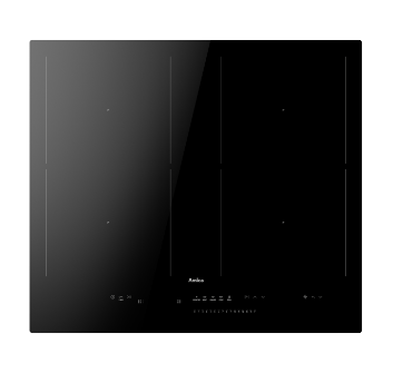 Czarny okap kuchenny z panelem dotykowym i logo Amica na środku. Widoczne są oznaczenia funkcji i przyciski sterujące na dolnej części urządzenia.