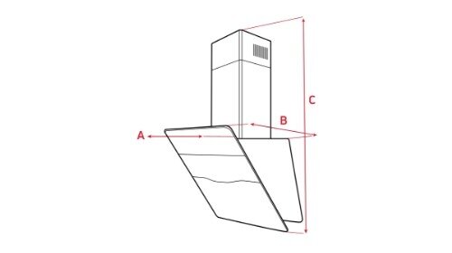 Schematyczny rysunek okapu kuchennego z oznaczeniami wymiarów A, B i C. Widoczna jest prostokątna konstrukcja z pochylonym panelem przednim.