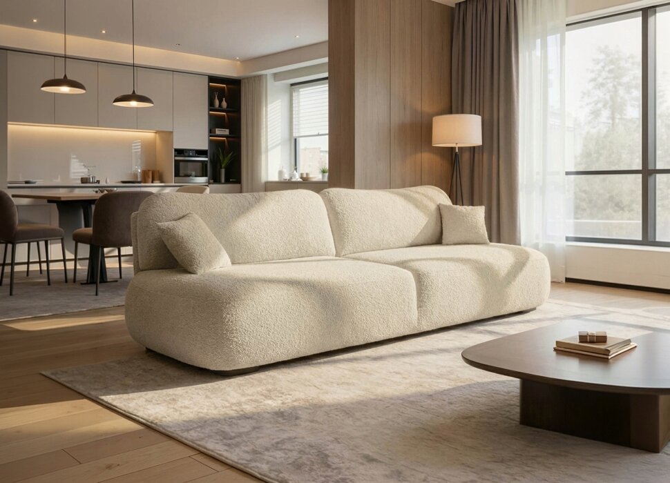 W przestronnym salonie znajduje się beżowa sofa rozkładana z funkcją spania, ustawiona na jasnym dywanie. W tle widoczna jest nowoczesna kuchnia z jadalnią oraz duże okna wpuszczające naturalne światło.