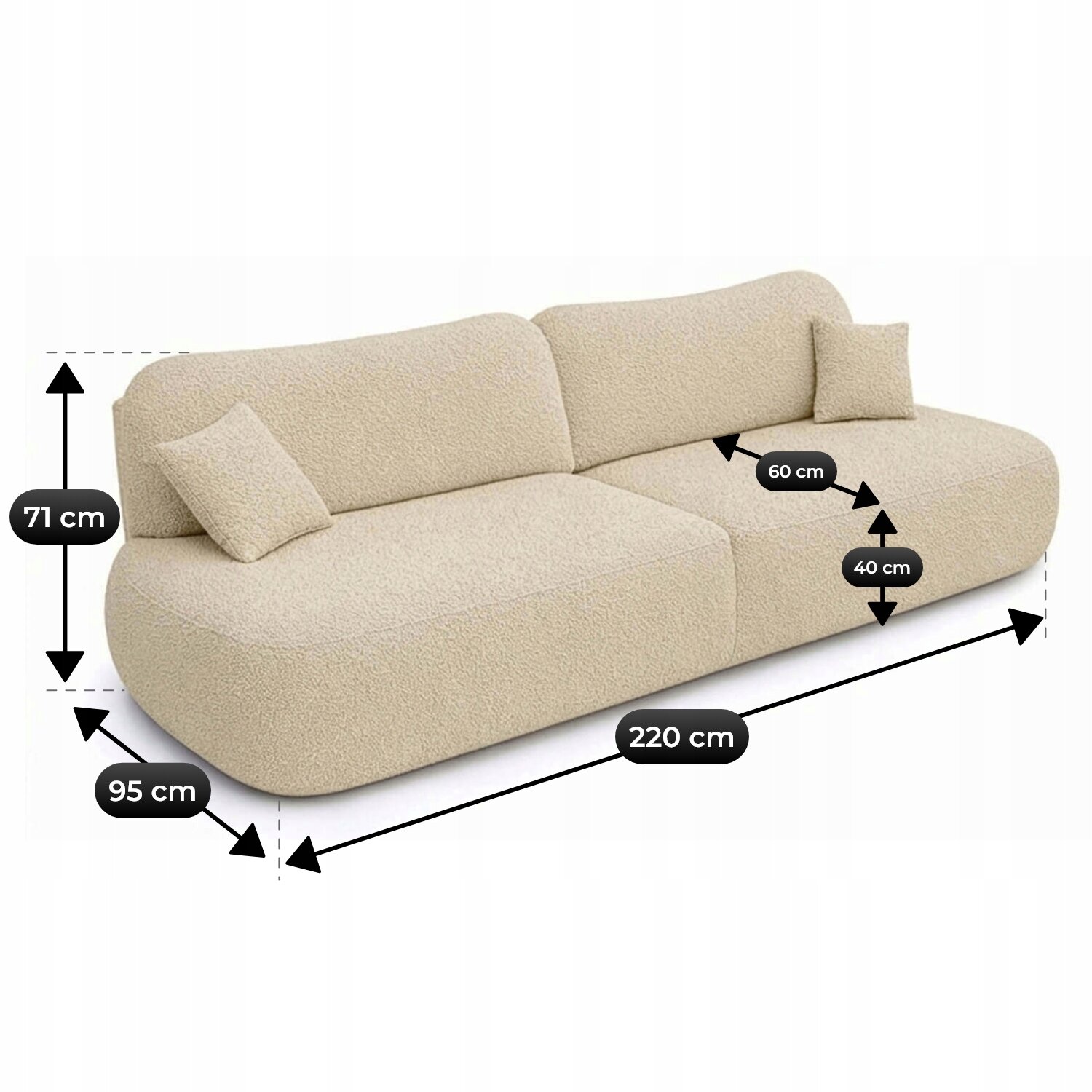 Beżowa sofa rozkładana z funkcją spania, z dwoma poduszkami, o wymiarach: wysokość 71 cm, głębokość 95 cm, szerokość 220 cm, głębokość siedziska 60 cm, wysokość siedziska 40 cm.