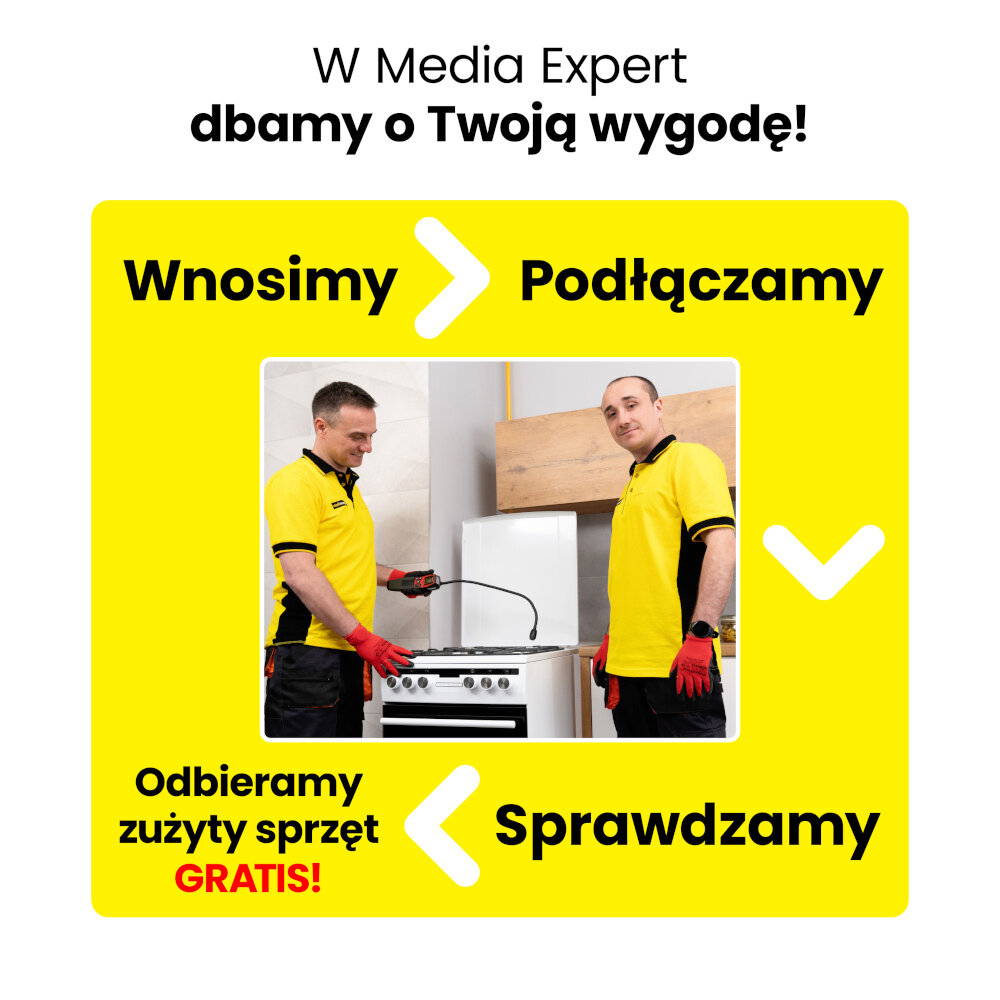 Dwóch mężczyzn w żółtych koszulkach i czerwonych rękawicach stoi przy kuchence. Tekst: \'W Media Expert dbamy o Twoją wygodę! Wnosimy > Podłączamy > Sprawdzamy < Odbieramy zużyty sprzęt GRATIS!\'.