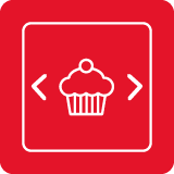 Czerwona ikona z białym symbolem babeczki pośrodku oraz strzałkami po obu stronach.