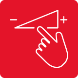 Czerwona ikona z białym konturem dłoni wskazującej na trójkąt z symbolami minus i plus.
