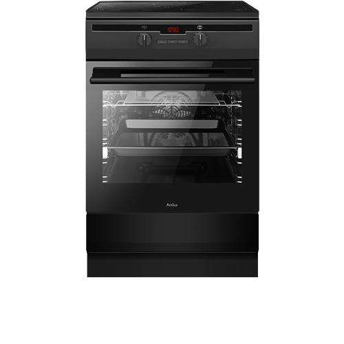 Czarna kuchnia z piekarnikiem, na górze panel z dwoma pokrętłami i wyświetlaczem cyfrowym. Na drzwiach piekarnika widoczne jest logo \'Amica\'.