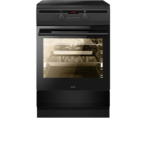 Czarna kuchnia z piekarnikiem, na panelu sterowania widoczny wyświetlacz z czerwonymi cyframi \'0:00\' oraz dwa pokrętła. Wewnątrz piekarnika znajdują się dwie półki, a na drzwiach widoczne jest logo \'Amica\'.