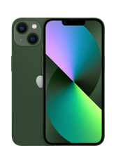 Smartfon z wyświetlaczem w kolorach gradientu zieleni i fioletu oraz dwoma aparatami z tyłu. Na obudowie widoczne jest logo w kształcie nadgryzionego jabłka.