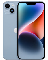 Dwa smartfony z dużymi ekranami, jeden z przodu z kolorowym wyświetlaczem, drugi z tyłu w jasnym kolorze z dwoma aparatami i logo w kształcie nadgryzionego jabłka.