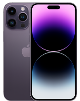 Smartfon z dużym ekranem, na którym widoczny jest gradient od fioletu do czerni. Z tyłu urządzenia znajdują się trzy aparaty i logo w kształcie nadgryzionego jabłka.