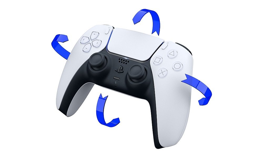 Na obrazie znajduje się biało-czarny kontroler do gier z niebieskimi strzałkami wskazującymi kierunki ruchu. Widoczne są przyciski funkcyjne oraz logo producenta w centralnej części kontrolera.