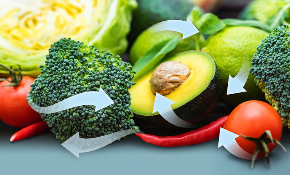 Na obrazie widoczne są różne warzywa i owoce, takie jak brokuł, awokado, pomidor, limonka i papryczka chili. Na warzywach znajdują się białe strzałki wskazujące na cyrkulację powietrza.