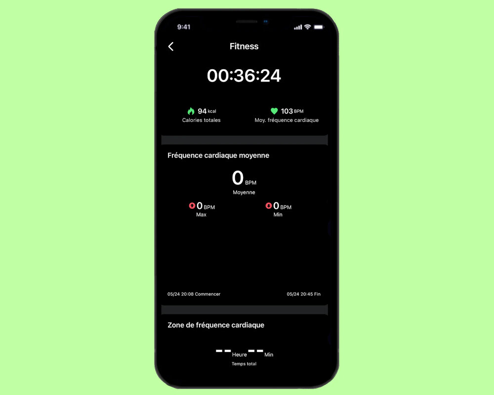 Na ekranie telefonu widoczna jest aplikacja fitness z czasem 00:36:24, spalonymi kaloriami 94 kcal i średnim tętnem 103 BPM. Tło jest jasnozielone.