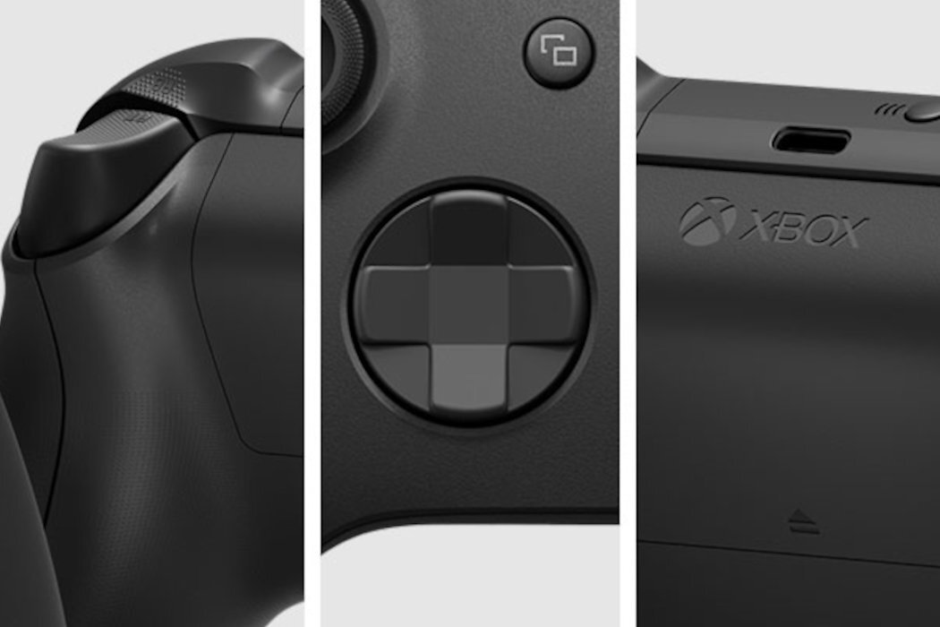 Obraz przedstawia trzy zbliżenia na czarny kontroler do gier. Widoczne są przyciski, krzyżak oraz logo Xbox.