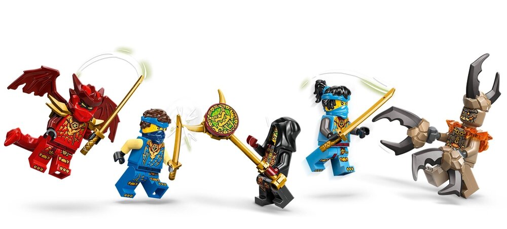 Na obrazie widoczne są pięć figurek LEGO w dynamicznych pozach, każda z nich trzyma różne akcesoria, takie jak miecze i tarcze. Figurka po lewej ma czerwone skrzydła, a figurka po prawej ma duże szare rogi.