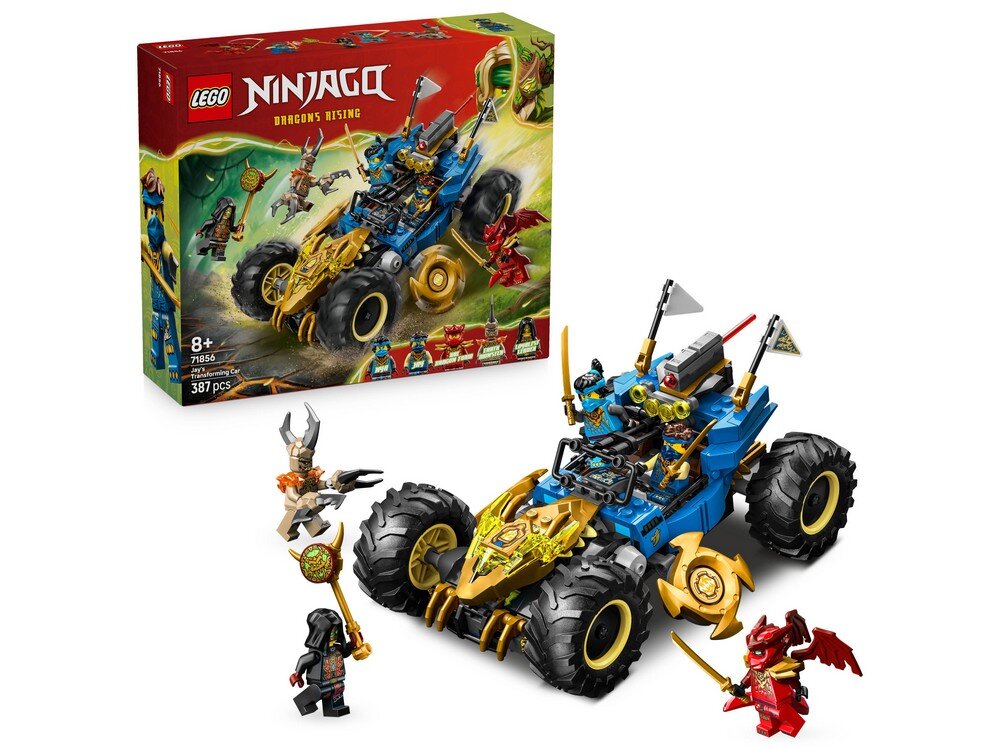 Na obrazie widoczny jest zestaw LEGO NINJAGO z wielofunkcyjnym samochodem w kolorze niebieskim i złotym oraz figurkami postaci. W tle znajduje się pudełko z grafiką przedstawiającą ten sam zestaw.