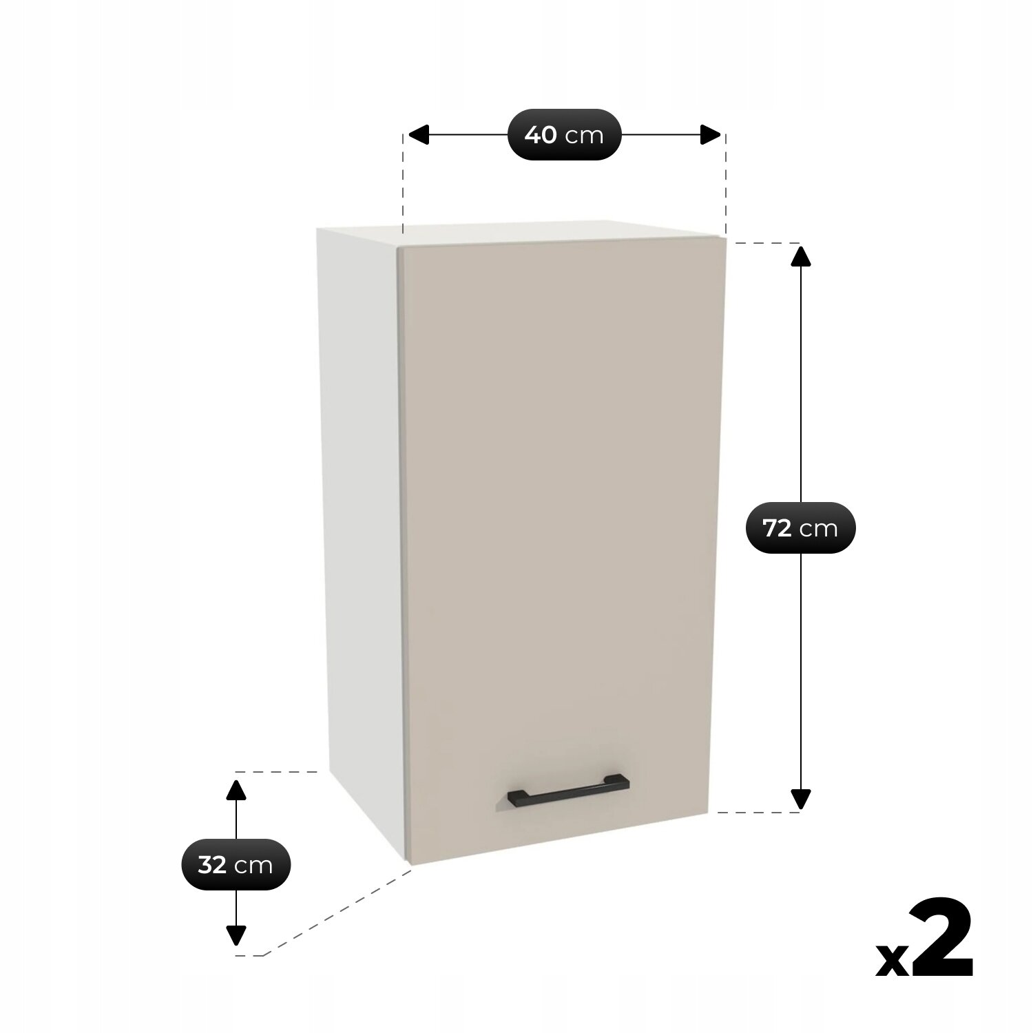 Obraz przedstawia szafkę kuchenną w kolorze kaszmiru z czarnym uchwytem. Wymiary szafki to 40 cm szerokości, 72 cm wysokości i 32 cm głębokości, a obok widnieje oznaczenie \'x2\'.