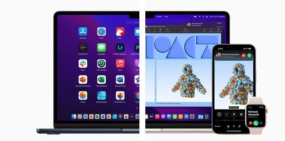Obraz przedstawia dwa laptopy i smartfon z wyświetlonymi aplikacjami oraz zegarek z ekranem połączenia. Na ekranach widoczne są różne ikony aplikacji i interfejsy użytkownika.