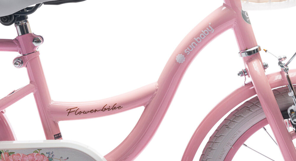 Różowy rower dziecięcy z napisem \'Flower.bike\' na ramie i logo \'sun baby\'.