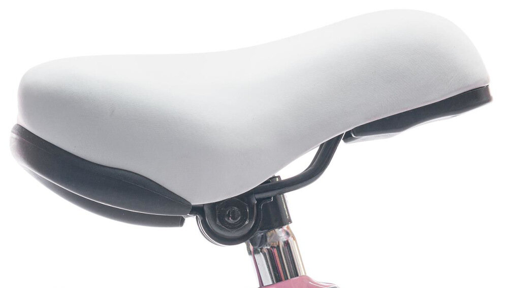 Białe siodełko rowerowe z czarnymi elementami mocującymi na metalowym wsporniku.