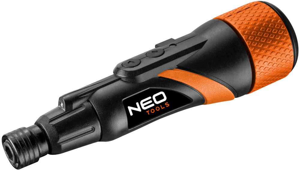 Wkrętak akumulatorowy NEO 04-200 3.6V 1.3Ah wkrętak na białym tle niewielkie rozmiary lekka konstrukcja waga 0,16 kg precyzyjna praca w trudno dostępnych miejscach ergonomiczny uchwyt o antypoślizgowej powierzchni