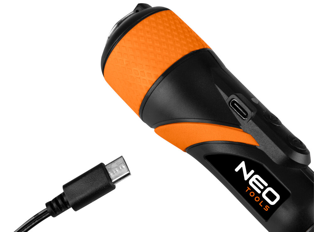 Wkrętak akumulatorowy NEO 04-200 3.6V 1.3Ah białe tło zbliżenie na wejście do ładowania i końcówkę kabla wbudowany akumulator litowo-jonowy 3,6 V o pojemności 1,3 Ah port micro-USB wygoda uniwersalność