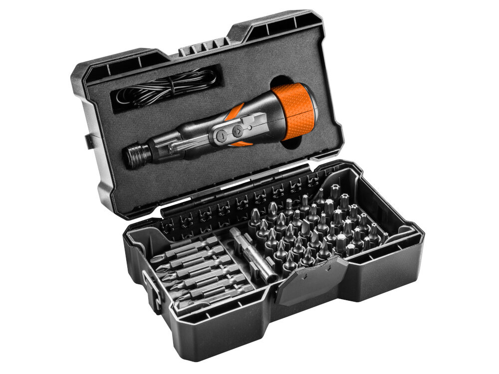 Wkrętak akumulatorowy NEO 04-200 3.6V 1.3Ah białe tło etui wypełnione akcesoriami 43 elementy 36 krótkich i 7 długich końcówek wkrętakowych adapter przewód do ładowania z końcówką micro-USB praktyczne etui do przechowywania