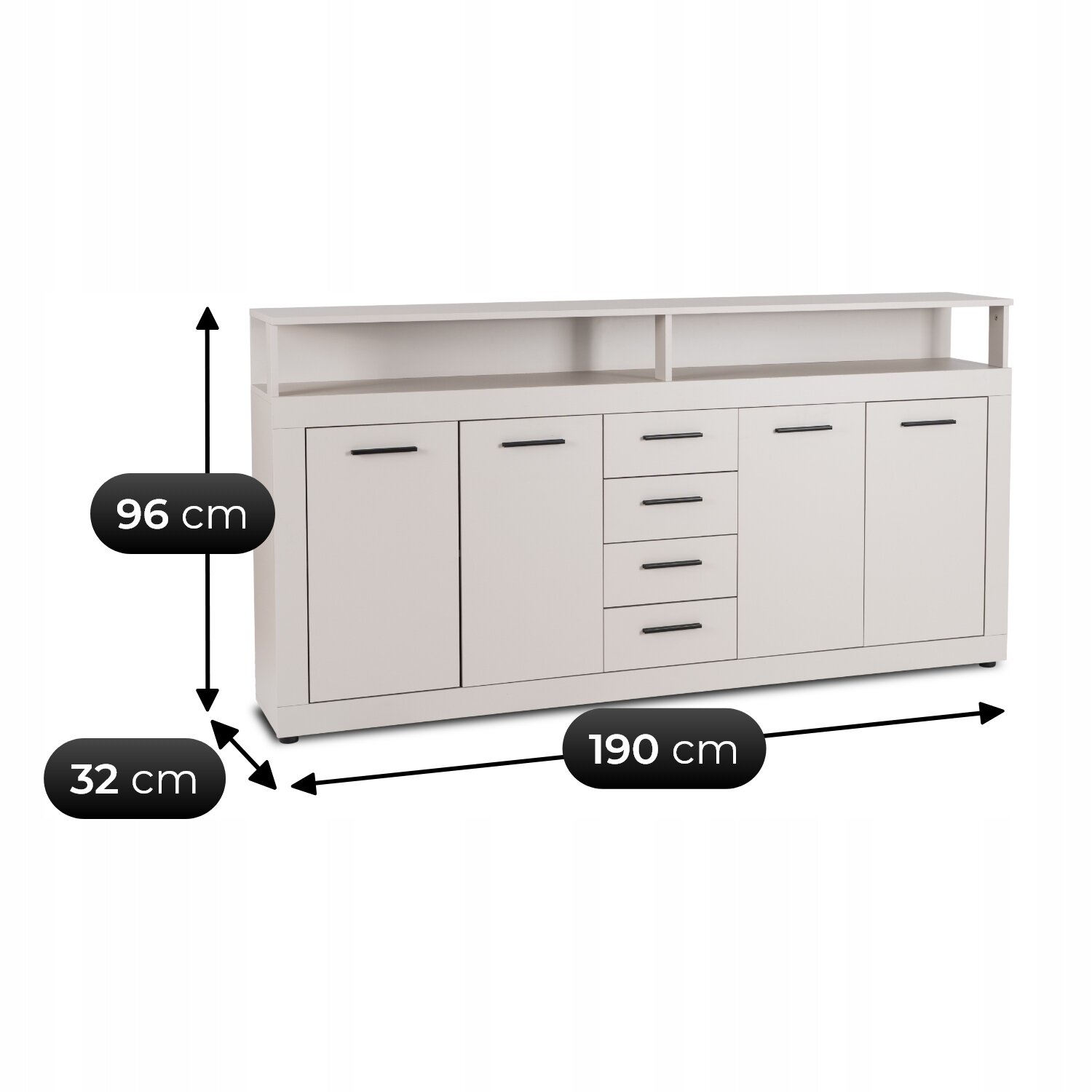 Na obrazie widoczna jest duża komoda z szufladami i drzwiami, w kolorze jasnym. Wymiary komody to 96 cm wysokości, 190 cm szerokości i 32 cm głębokości.