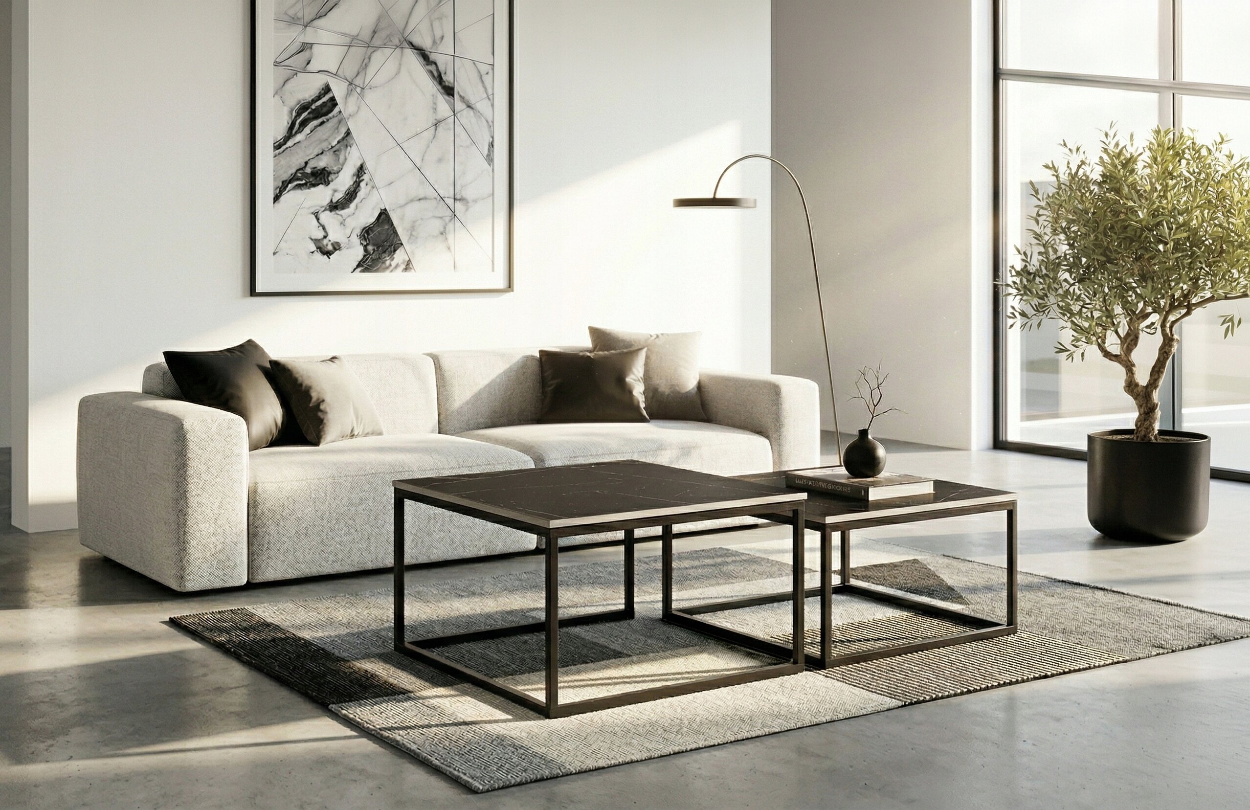 W nowoczesnym salonie znajduje się jasna sofa z ciemnymi poduszkami, a przed nią zestaw dwóch czarnych stolików kawowych na prostokątnym dywanie. W tle widać duże okno, roślinę w donicy oraz abstrakcyjny obraz na ścianie.
