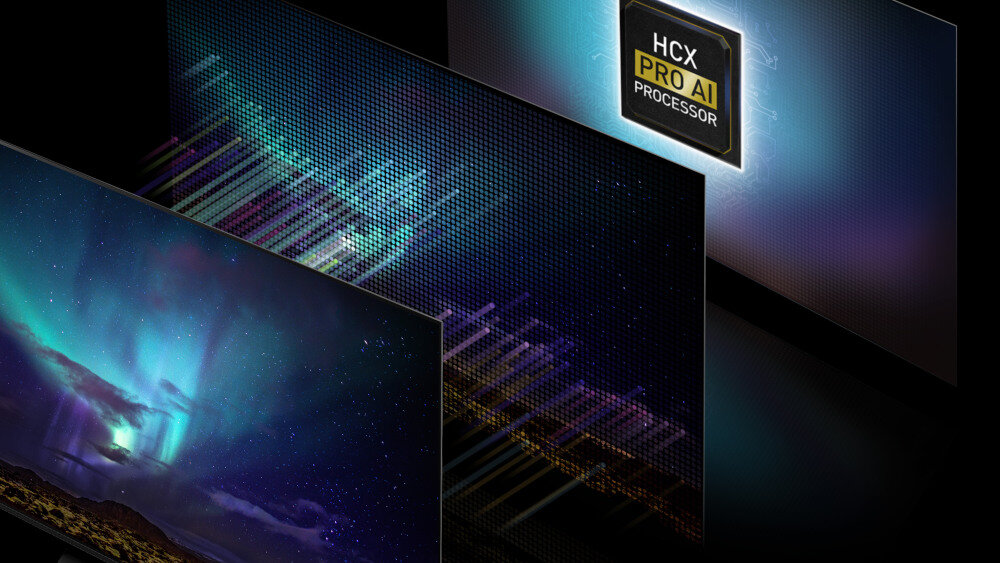 Obraz przedstawia trzy ekrany telewizorów z wyświetlanymi kolorowymi grafikami, a w tle widoczny jest napis \'HCX PRO AI PROCESSOR\'.