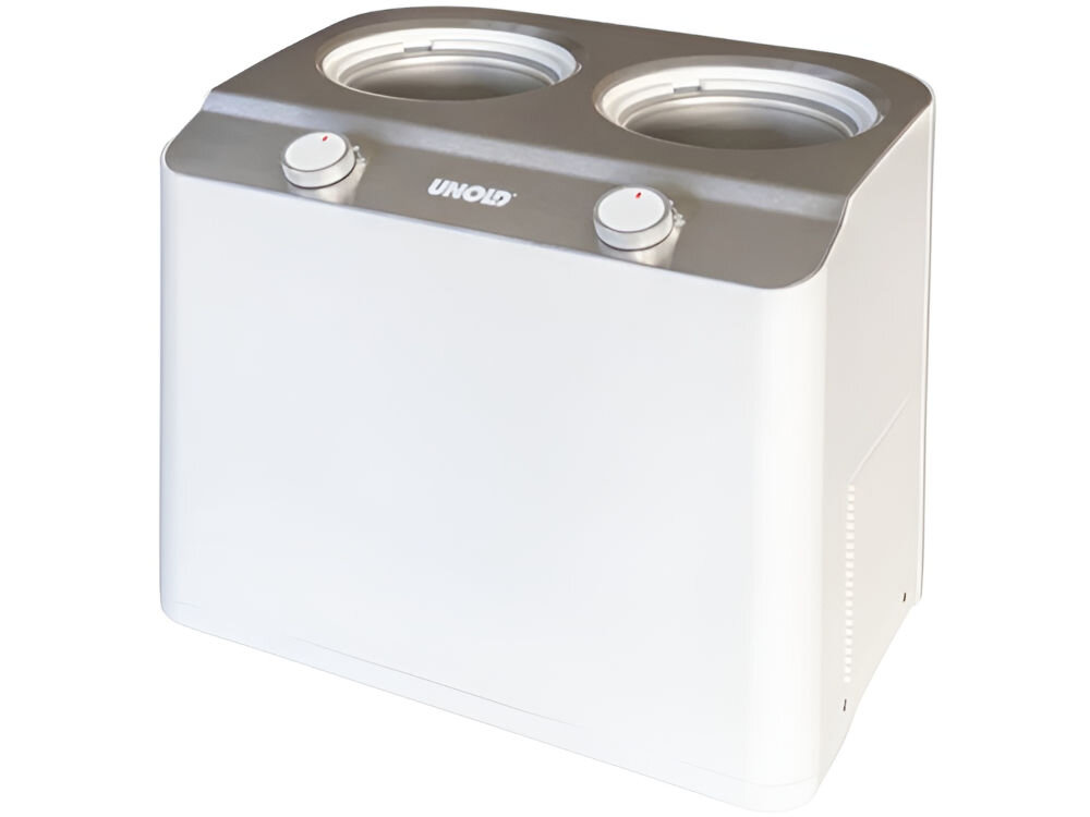 Biała maszynka do lodów z dwoma pokrętłami i dwoma okrągłymi otworami na górze. Na urządzeniu widoczne jest logo \'UNOLD\'.