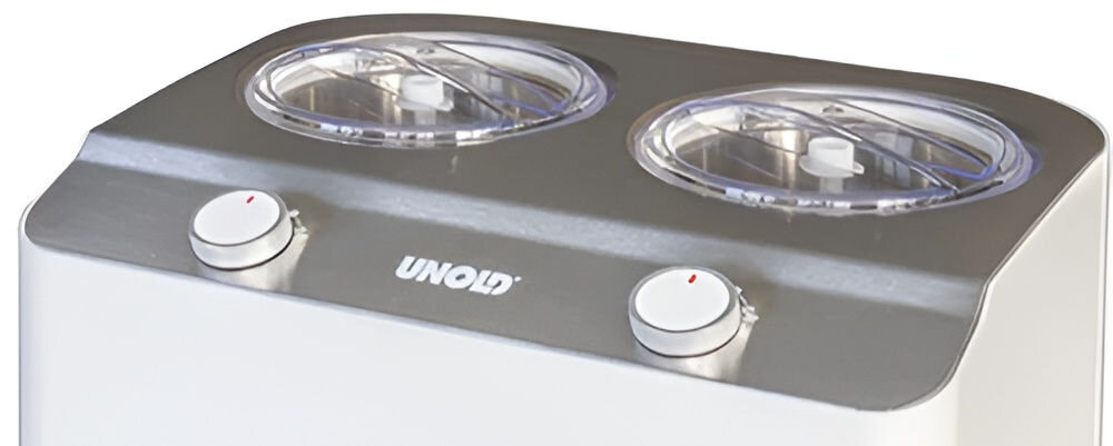Biała maszynka do lodów z dwoma przezroczystymi pokrywami na górze i dwoma pokrętłami. Na froncie widoczne jest logo \'UNOLD\'.