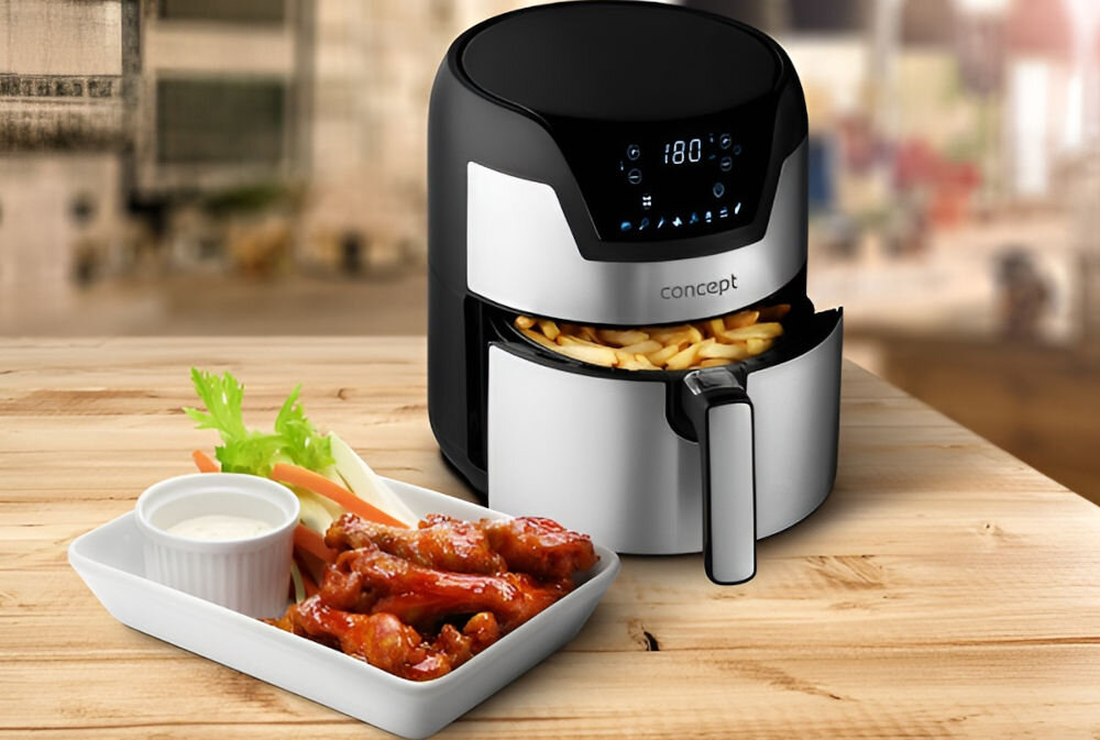 Air Fryer Frytkownica beztłuszczowa CONCEPT FR3500 frytkownica srebrne czarne elementy panel ikonki podświetlenie posiłek blat frytki w koszu ulubione smażone potrawy zdrowsza wersja technologia cyrkulacji gorącego powietrza chrupiące dania bez konieczności użycia oleju równomierne pieczenie potraw mniej kalorii cholesterolu i tłuszczu zdrowy styl życia