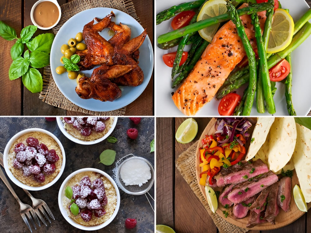 Air Fryer Frytkownica beztłuszczowa CONCEPT FR3500 potrawy mięso ryba babeczki warzywa kolorowe fotografie posiłki na talerzach osiem gotowych programów automatycznie dobierają czas i temperaturę smażenia frytki bekon rybę stek kurczaka krewetki muffinki warzywa dopasowanie parametrów do rodzaju potrawy optymalny smak i tekstura eksperymentowanie z różnymi przepisami dostosowanie sposobu przygotowania 