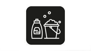 Ikona przedstawia biały kontur butelki z płynem i wiadra z pianą na czarnym tle.