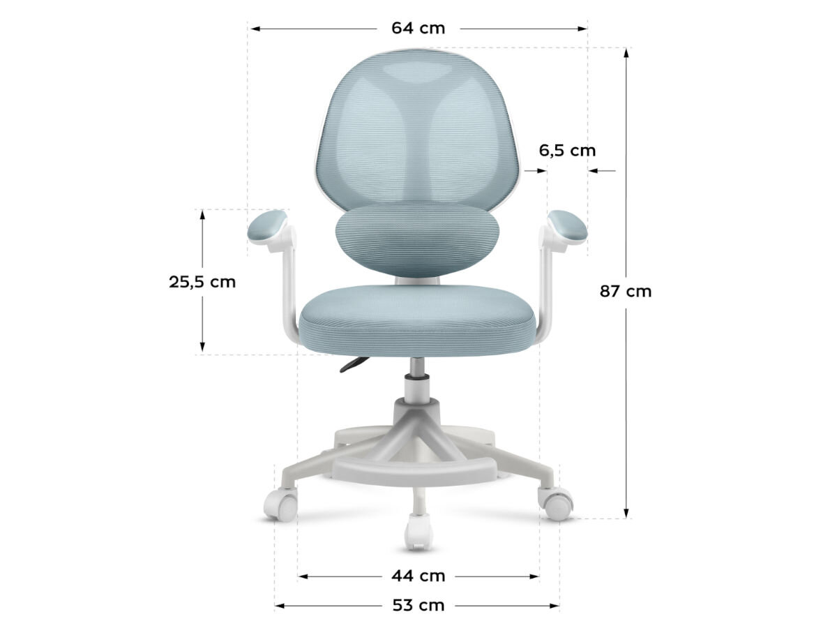 Fotel MARK ADLER Junior 4.5 Niebieski, ergonomiczne, wsparcie, nauka, odpoczynek, na białym tle fotel od frontu na wprost wraz z wizualizacją wymiarów