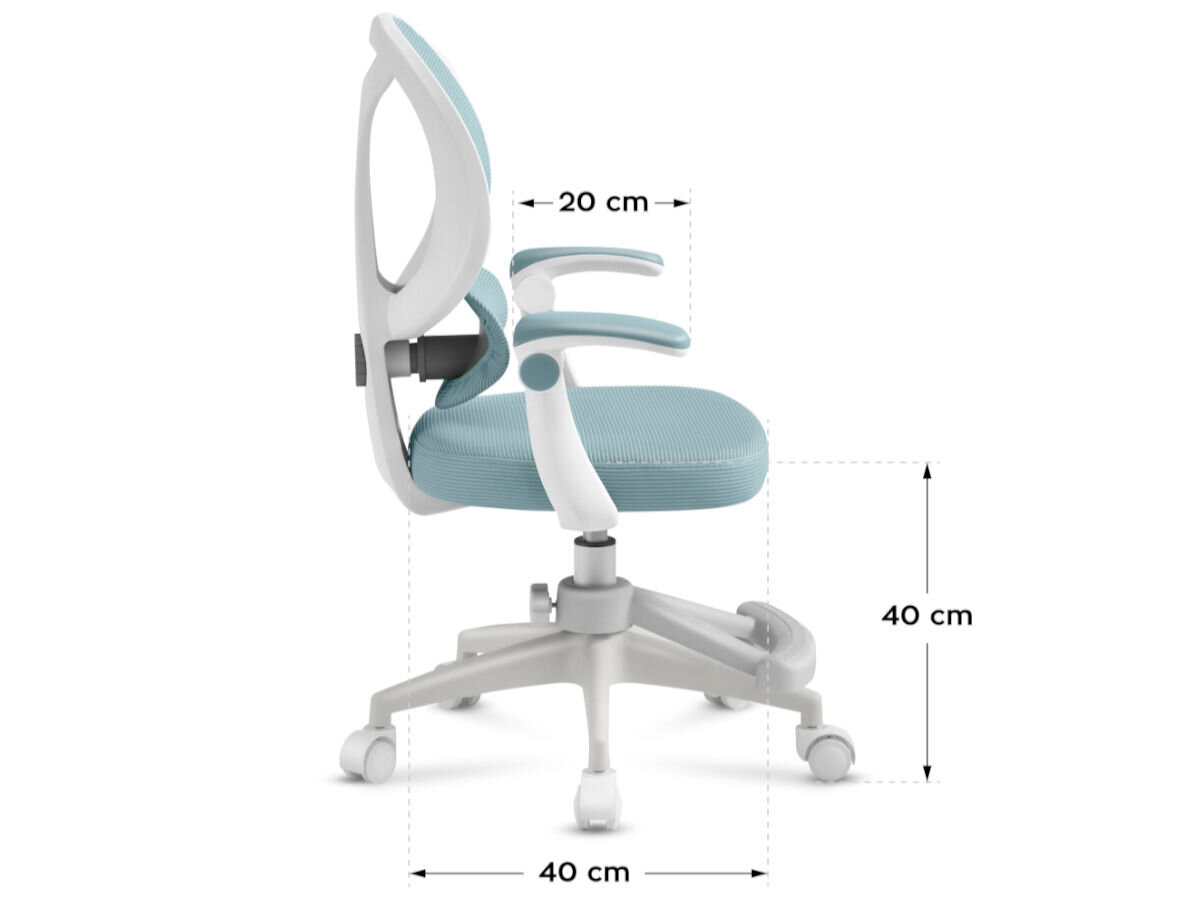 Fotel MARK ADLER Junior 4.5 Niebieski, codzienne, użytkowaie, wytrzymałość, żywotność, na białym tle fotel od boku z wizualuzacją wymiarów