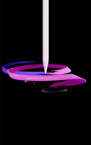 Na czarnym tle widoczny jest biały rysik, który tworzy kolorowe, fioletowo-różowe pociągnięcia pędzla.