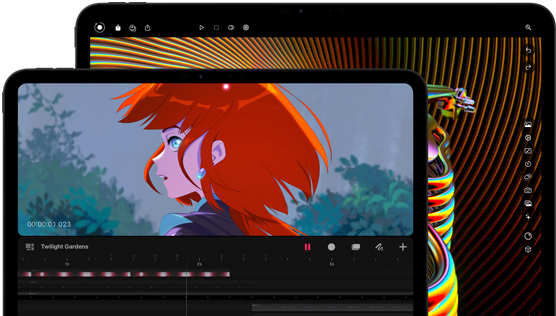 Na obrazie widoczne są dwa tablety z wyświetlonymi kolorowymi grafikami. Na pierwszym ekranie widać postać z czerwonymi włosami, a na drugim abstrakcyjne wzory.