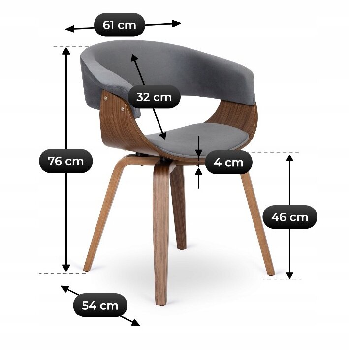 Krzesło z szarym, tapicerowanym siedziskiem i oparciem, z drewnianymi nogami w kolorze orzecha. Na obrazie widoczne są wymiary: 61 cm, 32 cm, 76 cm, 54 cm, 4 cm, 46 cm.
